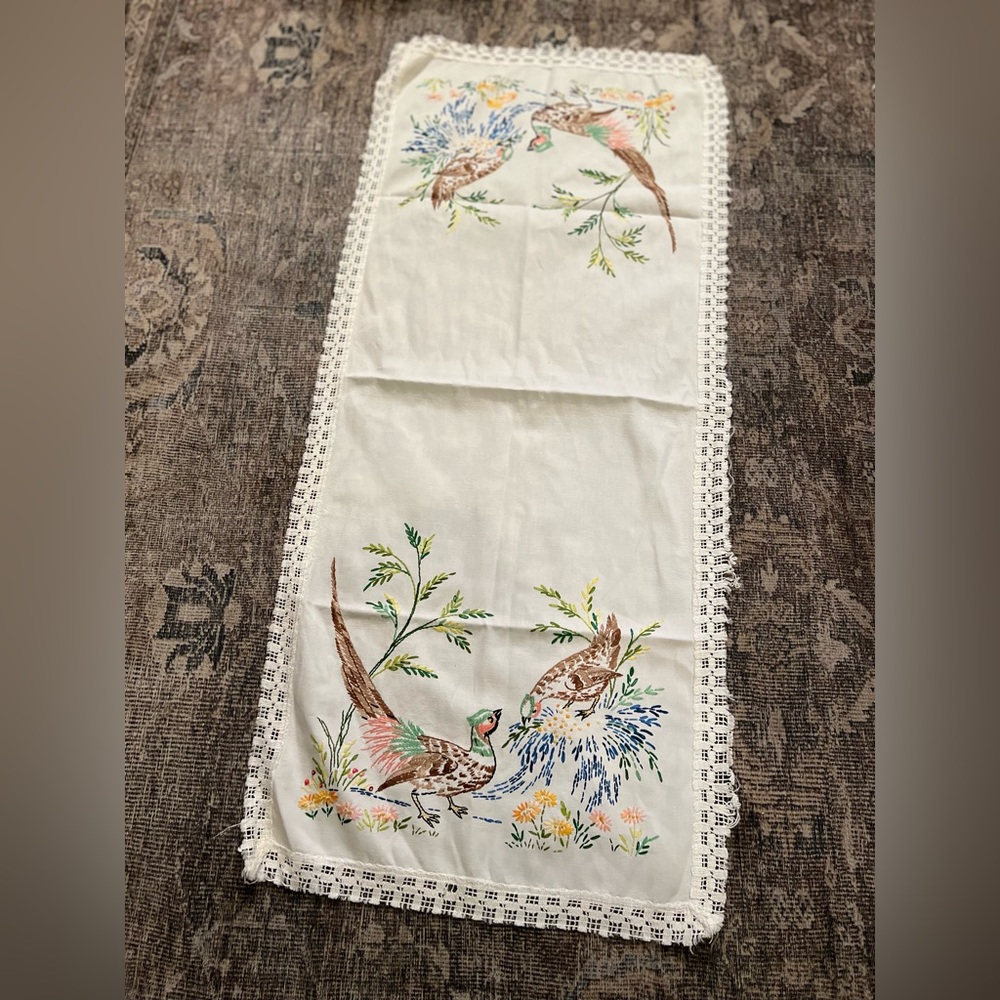 39 x 17 inch table runner Vintage hand-embroidered pheasants crochet trim